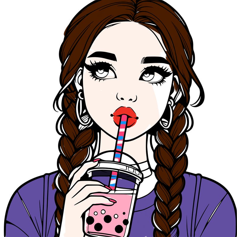 realistic girl with braided hair drinking boba