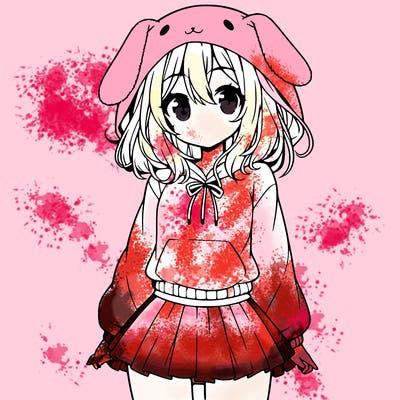 pretty anime girl wearing a fluffy hoodie with bunny ears on the hood and a skirt