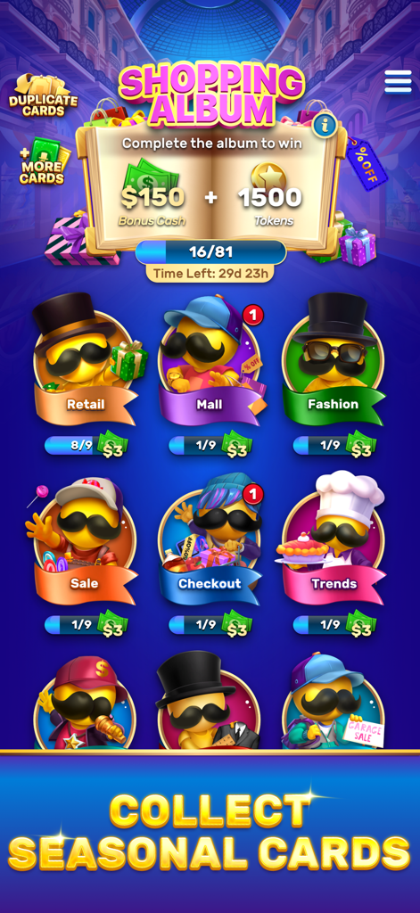 Bingo Stars Shopping Album screen showing seasonal card sets and a 150 dollar bonus cash prize