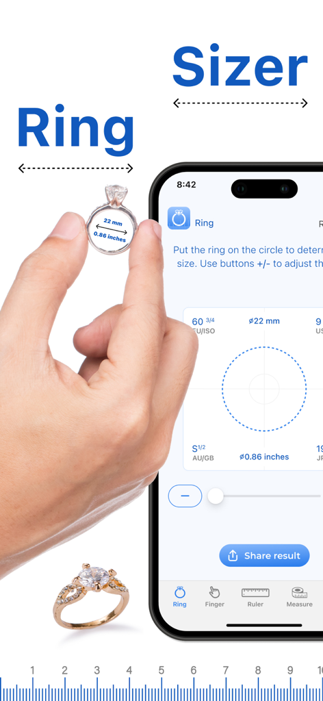 Ring Sizer - Ring Fing - Una persona midiendo un anillo usando la aplicación Ring Fing en la pantalla de un smartphone