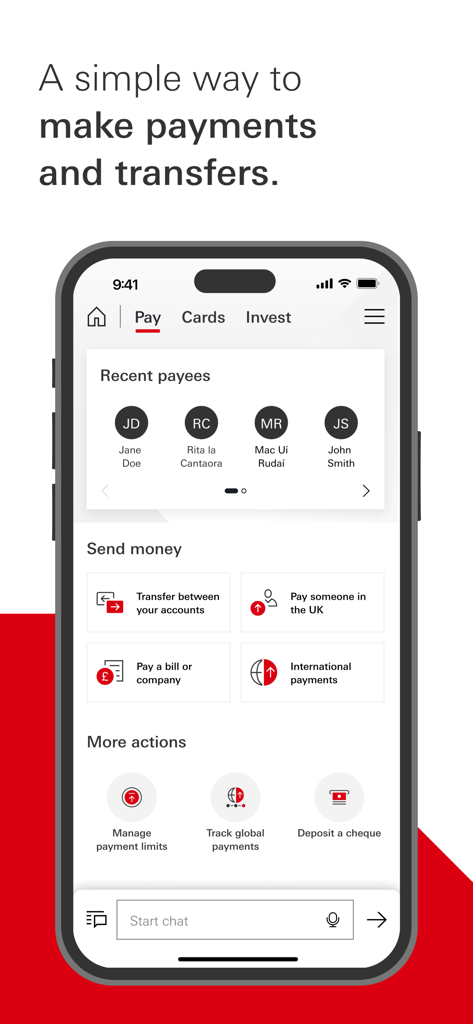 The payments and transfers interface of the HSBC UK Mobile Banking app showing recent payees and various send money options like international payments.