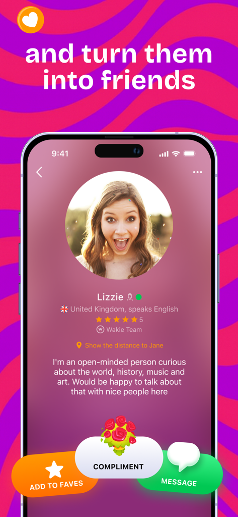 Wakie Chat: Talk to Strangers - Interface of the Wakie Chat app showing a user profile with options to message or send a compliment.