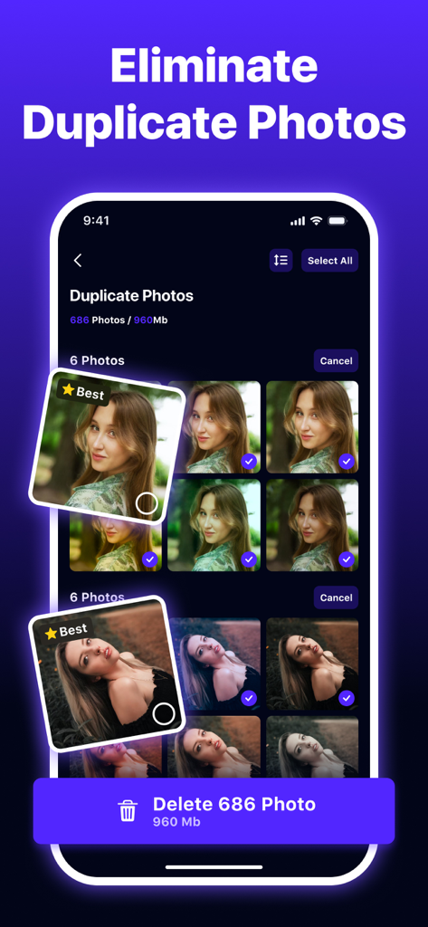 Storage Cleaner-Phone Cleaner - Interfaz de la aplicación Storage Cleaner que muestra la detección de fotos duplicadas y un botón para eliminar varias fotos y liberar espacio