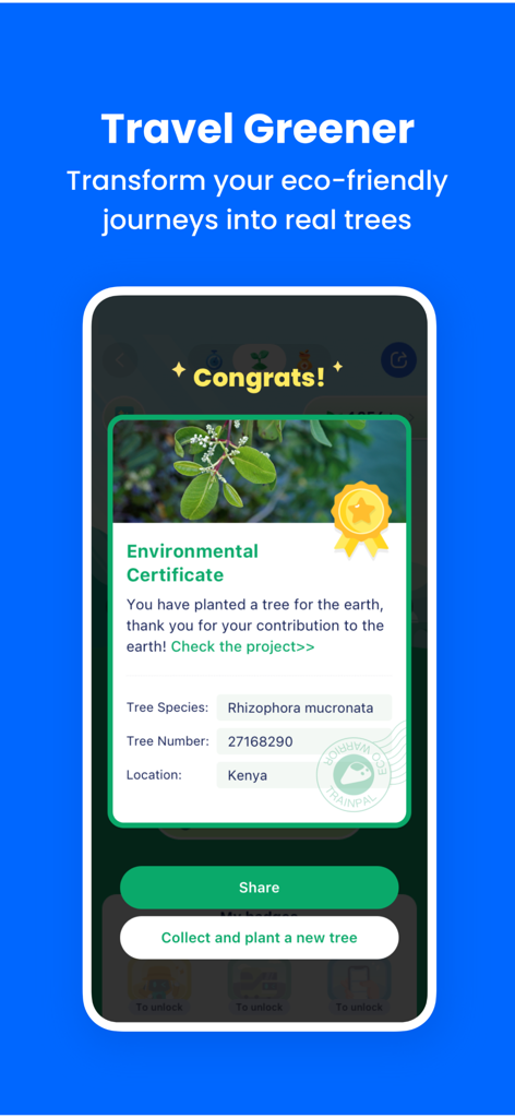 TrainPal: UK& EU train tickets - TrainPal app screen showing an environmental certificate for a tree planted in Kenya to reward eco-friendly travel.