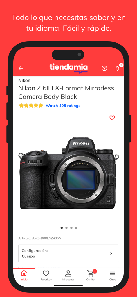 A product page for a Nikon camera on the Tiendamia mobile app