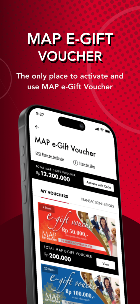 MAPCLUB - A smartphone screen displaying the MAPCLUB app e-gift voucher management page showing available vouchers and activation options.