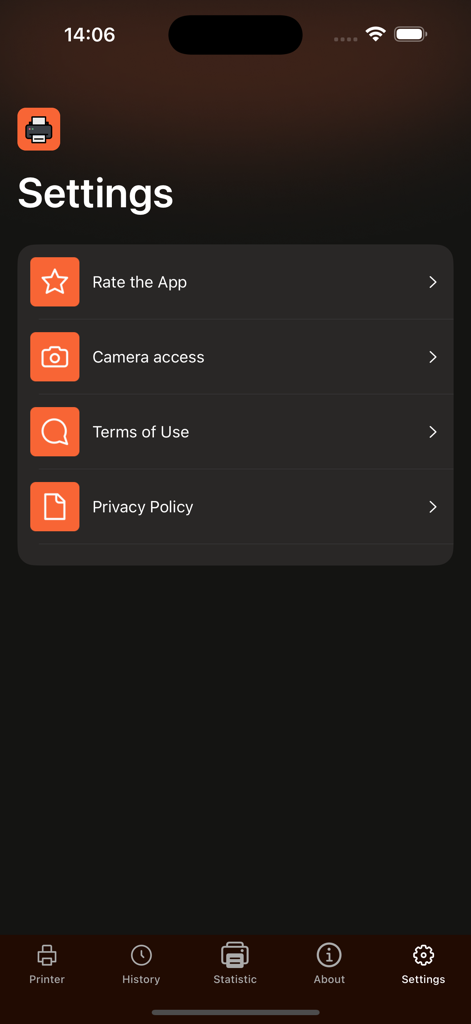 Printer for phone - air - The settings menu of the Printer for phone app showing options for camera access and legal terms.