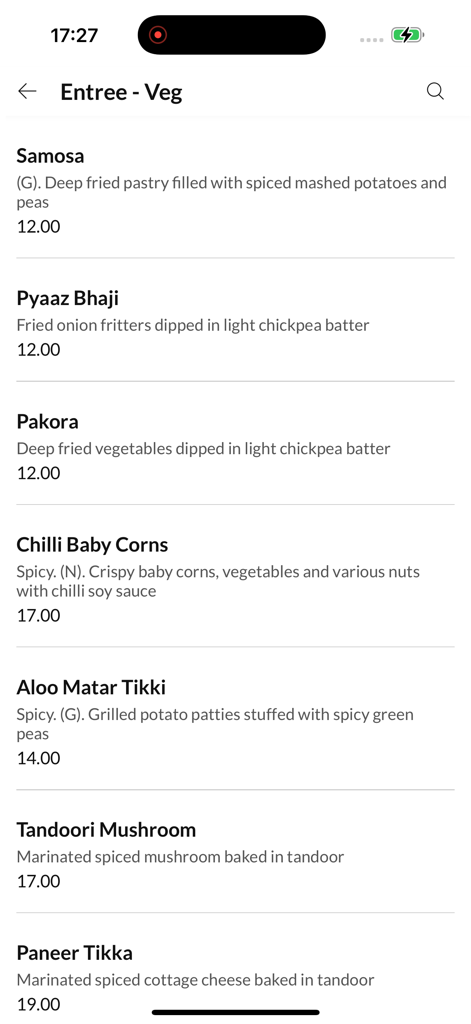 Avatar Indian Cuisine - Avatar Indian Cuisine App Menü mit vegetarischen Hauptgerichten wie Samosa und Paneer Tikka.