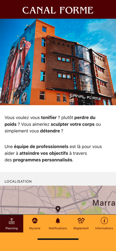 Canal Forme - Canal Forme app main screen showing gym facility and location in Marrakech