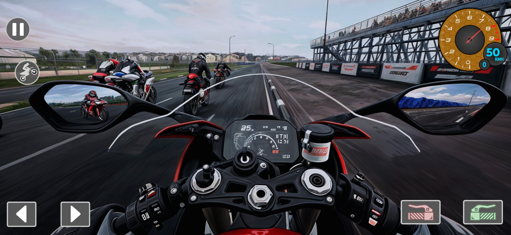 Vista en primera persona de una carrera de motos mostrando el salpicadero y otros corredores en una pista