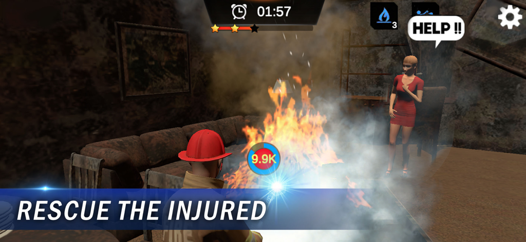 I'm Fireman - A firefighter putting out a room fire to rescue a woman in the simulation game Im Fireman.