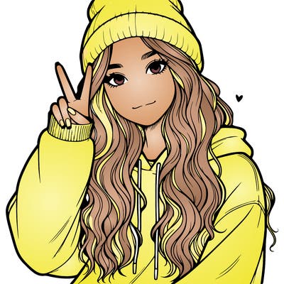 a teenage girl in a beanie, oversized sweatshirt, wavy long hair, and is showing a ✌️