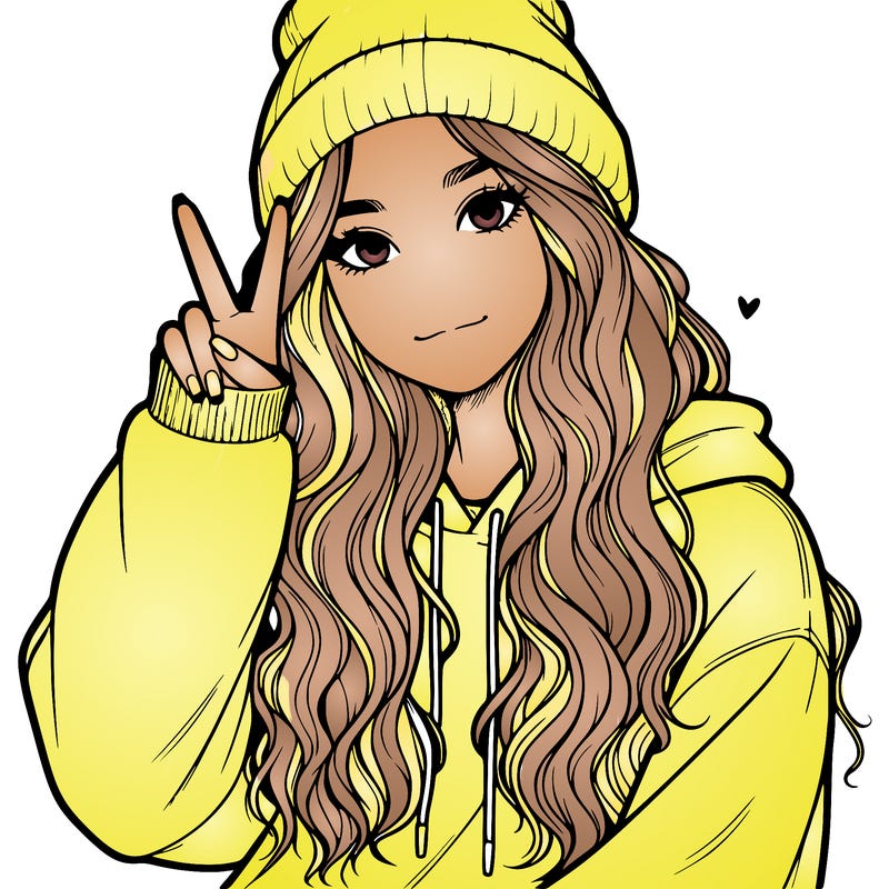 a teenage girl in a beanie, oversized sweatshirt, wavy long hair, and is showing a ✌️