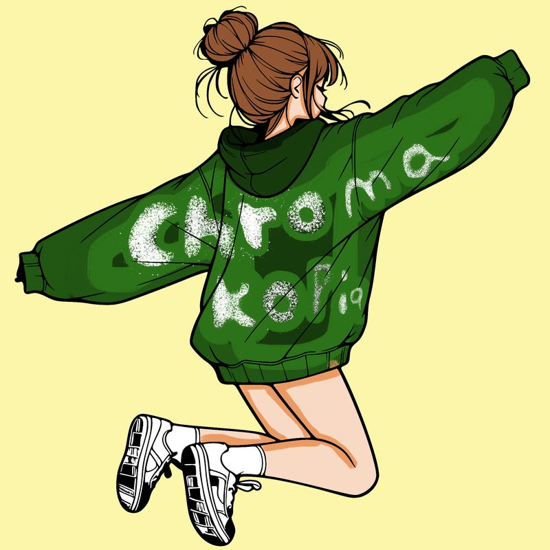 realistic girl jumping with a bun and oversized sweatshirt