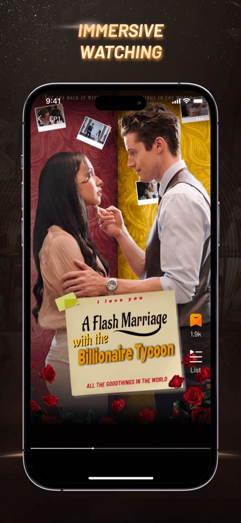 HoneyReels - Écran de smartphone affichant le drame de romance de milliardaire "A Flash Marriage with the Billionaire Tycoon" sur HoneyReels.
