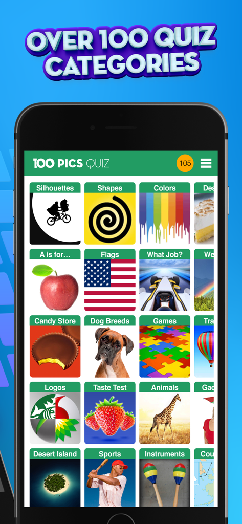 100 PICS Quiz mobile app screen showing a grid of various picture trivia categories like flags logos and animals