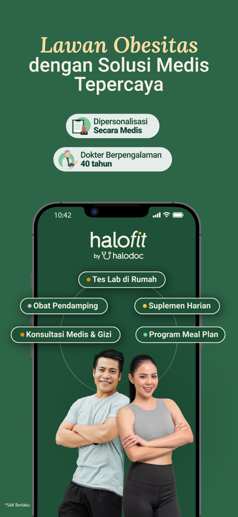 Halofit by Halodoc screen showing medical solutions for obesity including meal plans and lab tests