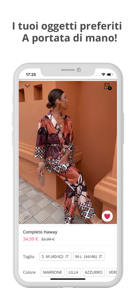 Boutique London Shop Online - Aplicativo móvel Boutique London mostrando uma página de produto para um traje feminino estampado com preço e opções de tamanho