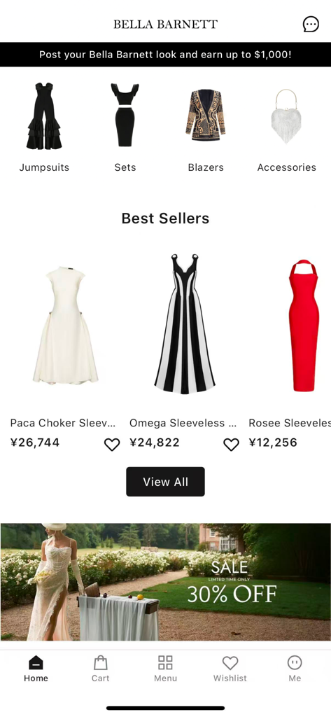 Bella Barnett - The Bella Barnett mobile app homepage showing best selling dresses and a luxury fashion sale banner.