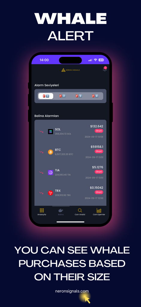 Neron Signals app interface displaying cryptocurrency whale alerts and trading signals