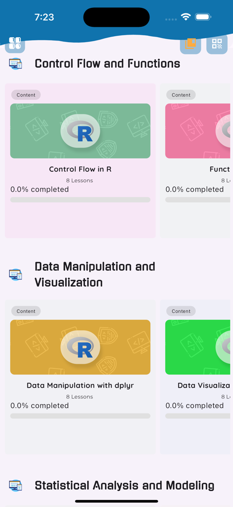 Learn R Programming [PRO] - Learning dashboard of the Learn R Programming PRO app featuring course modules for Control Flow and Data Manipulation.