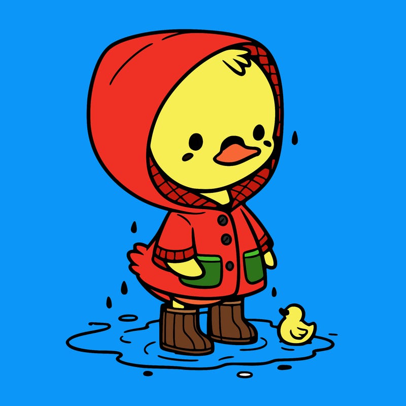 baby duck in a rain coat and boots, in a puddle while it’s raining