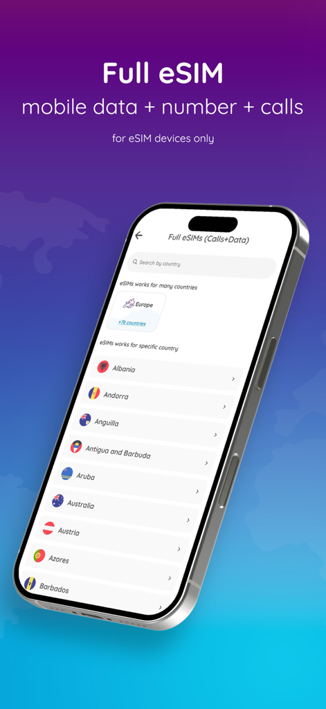 Numero eSIM: 2nd Phone Number - Interfaz de la aplicación Numero eSIM mostrando opciones de datos internacionales y números de teléfono virtuales.
