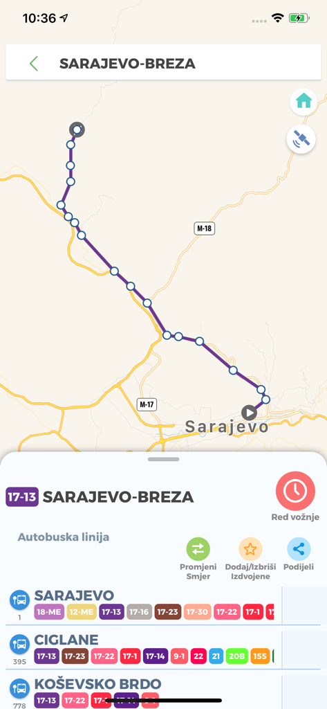 Visualisation de l'itinéraire de bus sur une carte pour la ligne Sarajevo à Breza dans l'application de transport Centrocard.