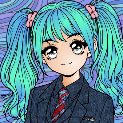 realistic girl with two ponytails and a suit on