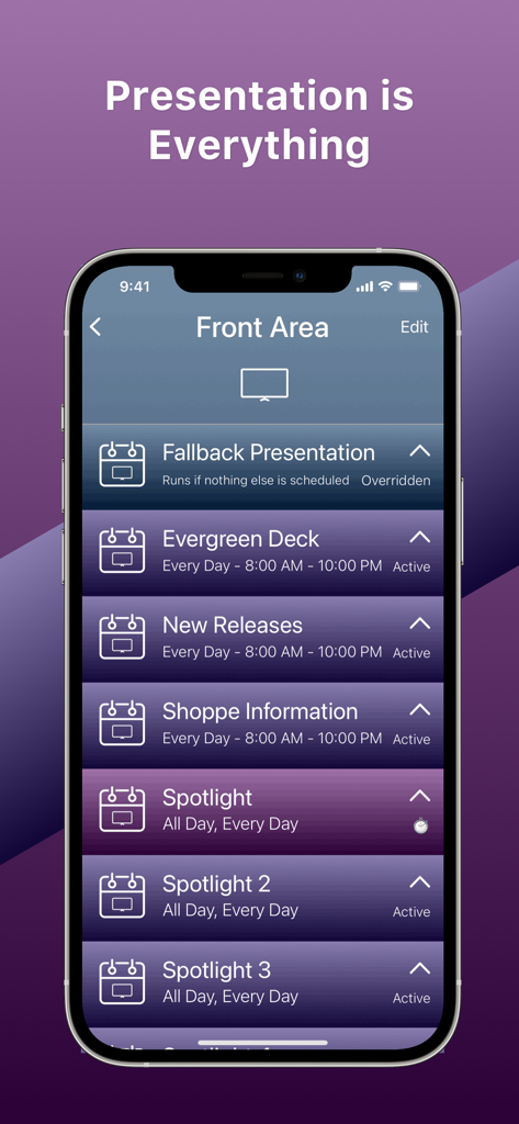 DigiBoard Remote - DigiBoard Remote app interface showing a list of scheduled digital signage presentations
