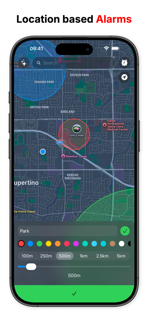 Localarm app interface showing a map with circular geofences and settings to customize alarm radius and color.