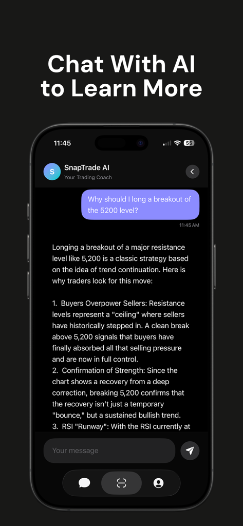 SnapTrade: AI Trading Bot - A screenshot of the SnapTrade app showing a chat conversation with an AI trading coach explaining a breakout strategy