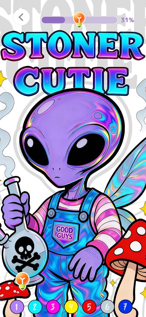 Meme Color: Paint by Number - A vibrant stoner cutie alien coloring page in the Meme Color app