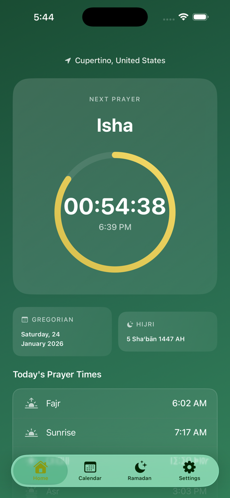 Ramadan 2026 Calendar - Pantalla de inicio de la aplicación Ramadán 2026 que muestra la cuenta regresiva de la oración Isha y los horarios de oración diarios en Cupertino
