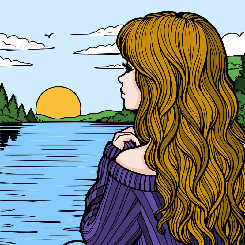realistic girl at a lake watching the sunset