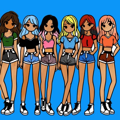 a group of girls wearing crop tops and shorts