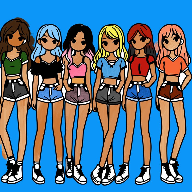 a group of girls wearing crop tops and shorts