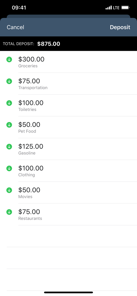 Envelopes: Budget Manager - Envelopes app deposit screen showing a total budget allocation of 875 dollars distributed across categories like groceries and gasoline
