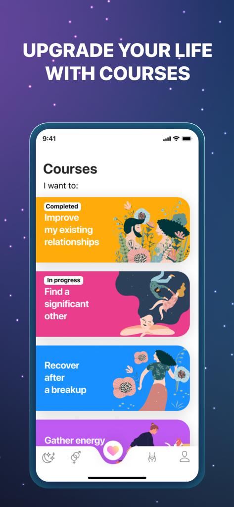 A smartphone screen showing the Star app interface with various astrology courses for relationship improvement and finding love