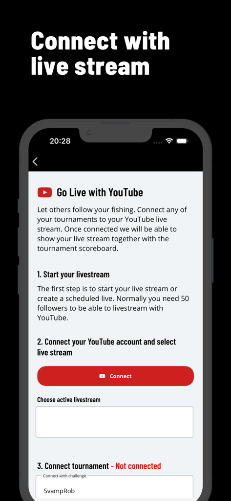 FishChamp - Fishing Challenges - Setup page for connecting a fishing tournament to a YouTube live stream