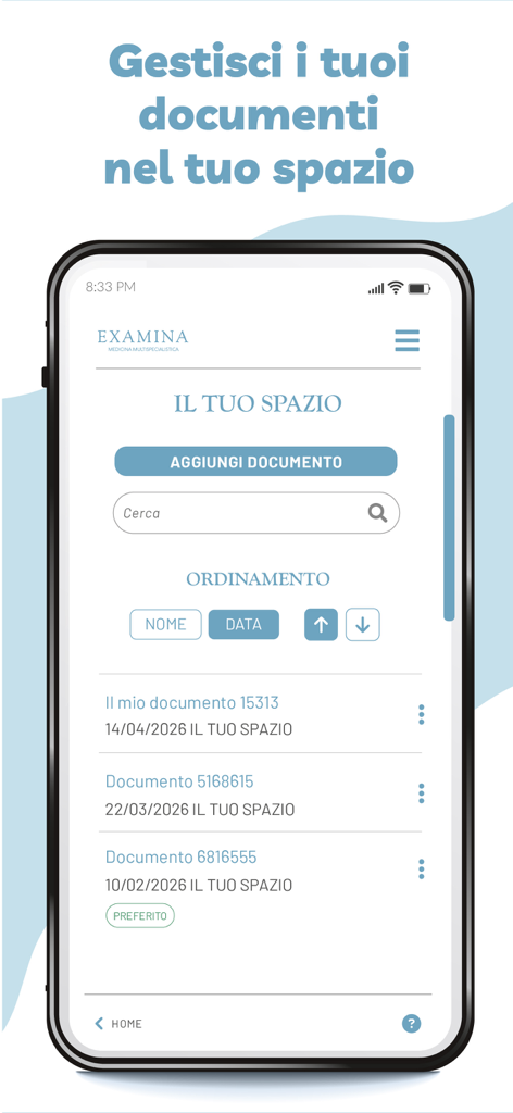 My Examina - Oberfläche der My Examina App, die eine Liste von digitalen medizinischen Dokumenten und Gesundheitsakten mit Sortieroptionen anzeigt