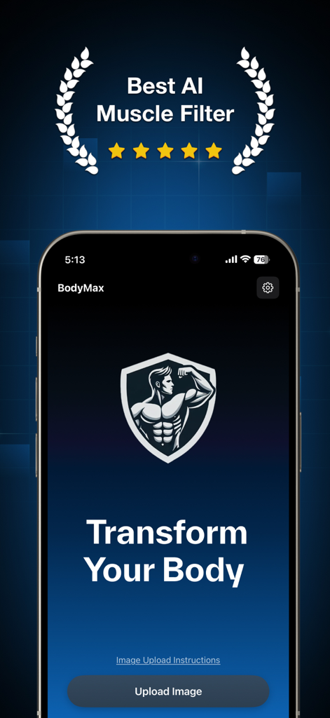 Interface de l'application de filtre musculaire IA Bodymax pour la transformation corporelle