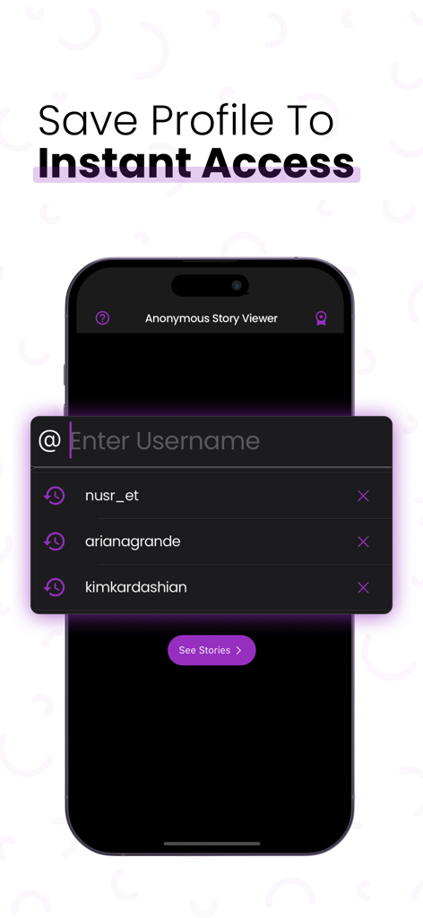 Anonym Stories for Insta - Interface do aplicativo Anonym Stories for Insta mostrando o recurso de salvar perfis para acesso instantâneo.