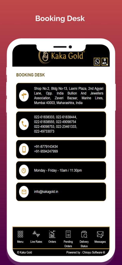 Kaka Spot - La pantalla de la mesa de reservas de la aplicación Kaka Spot que muestra información de contacto, incluidos números de teléfono y correo electrónico de Kaka Gold