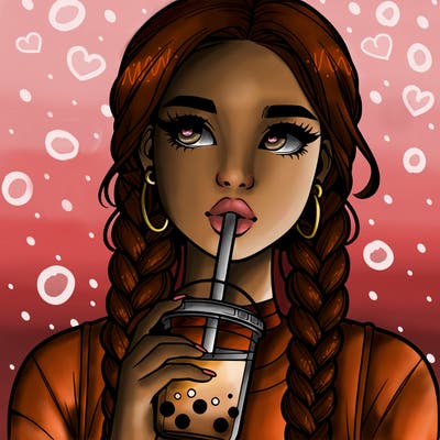 realistic girl with braided hair drinking boba