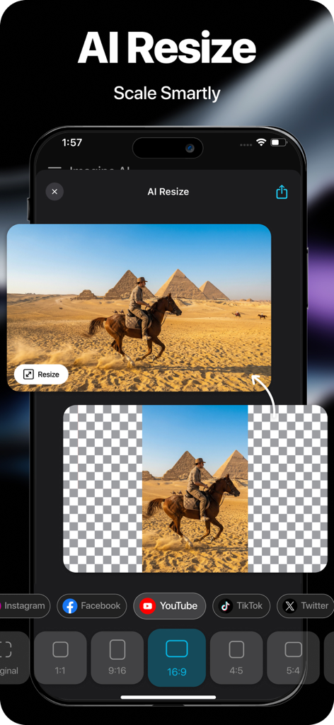 Imagine AI mobile app interface showing the AI Resize feature for social media content.