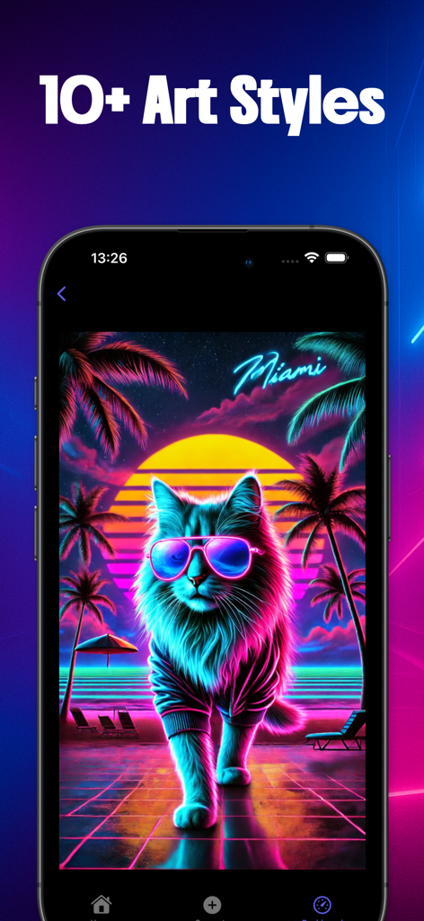 AI Anime Art Generator Villor - Écran mobile de l'application IA Villor affichant un chat synthwave néon et plus de 10 styles d'art textuels