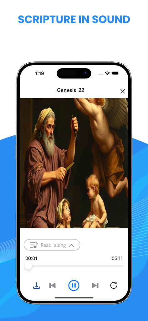 Amplified Bible - La aplicación Biblia Amplificada mostrando la interfaz de su reproductor de audio Escritura en Sonido para el libro de Génesis.