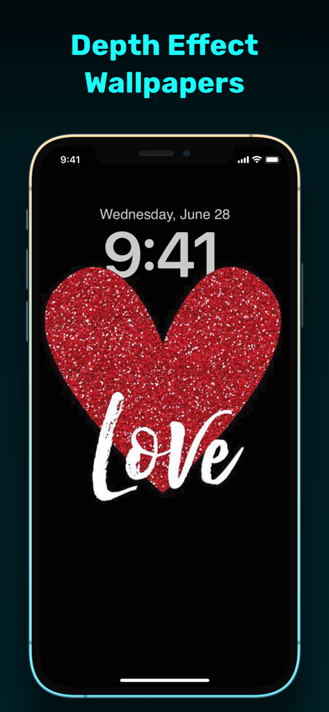 Dream Photo: AI Generator - IPhone lock screen featuring a depth effect wallpaper with a sparkling red heart and the word love