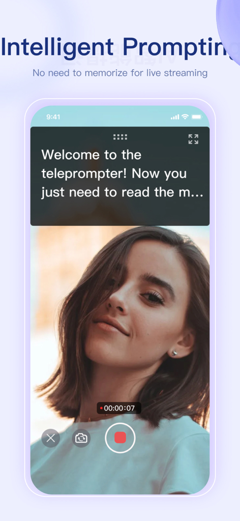 Teleprompter x - Teleprompter x mobile app recording screen with a script overlay for intelligent prompting during video creation